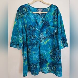 Women's Catherines Bell Sleeve Paisley Print Blouse 3x 26/28 Summer Lightweight